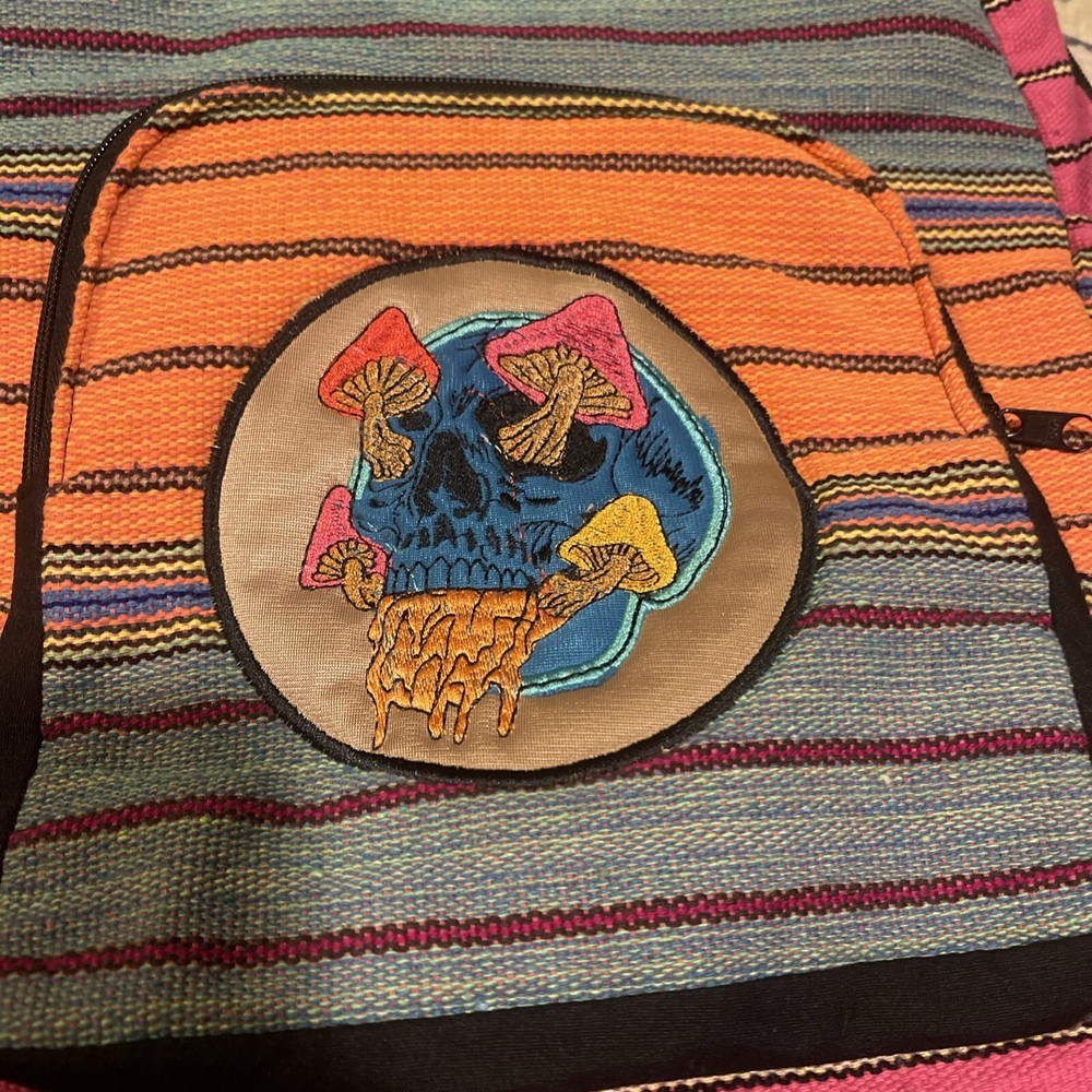 Backpack Skull Mushrooms Patch Hippie Hemp Bag Bookbag Rainbow