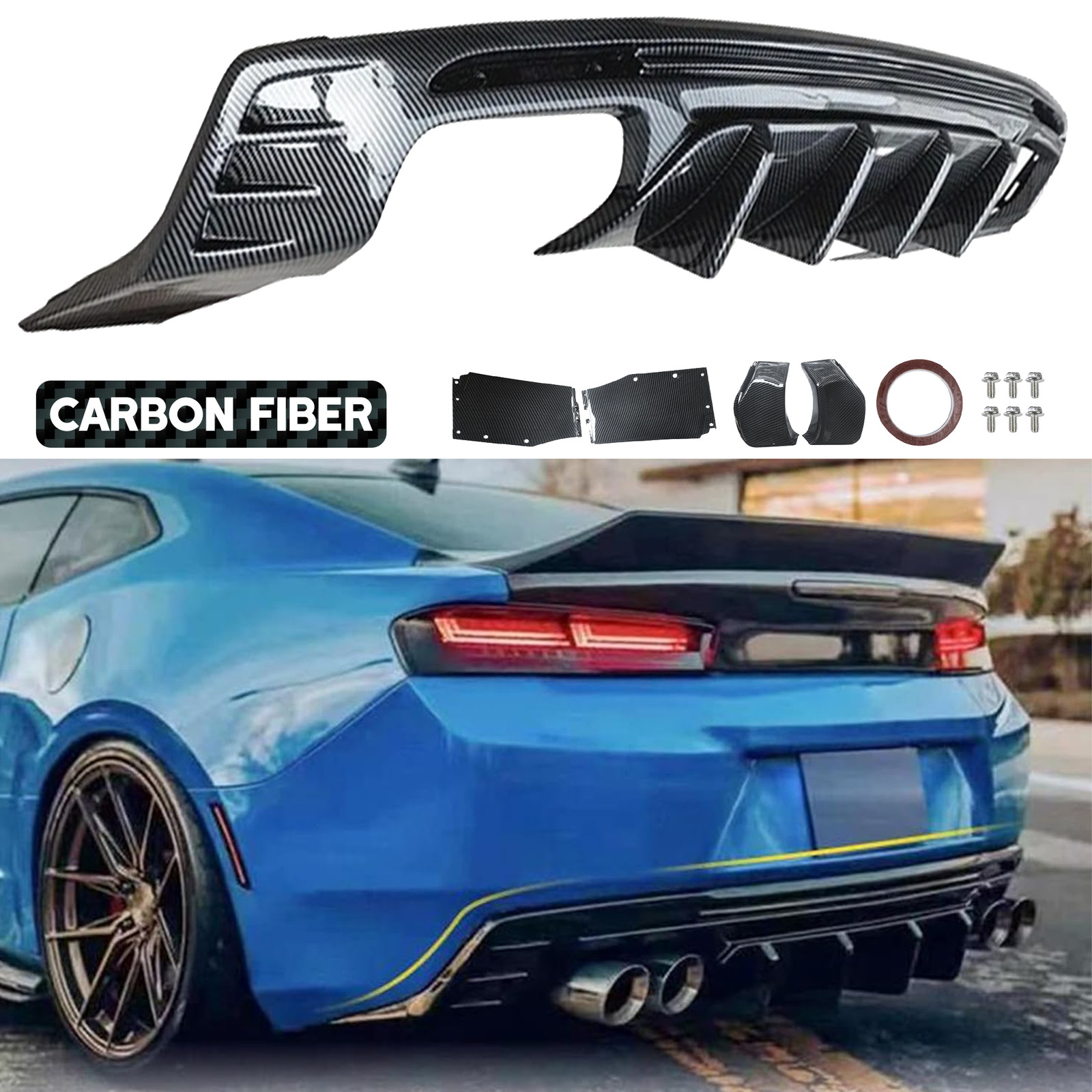 Carbon Fiber Rear Bumper Lip Diffuser Spoiler For Chevy Camaro SS LT LS 2016-24