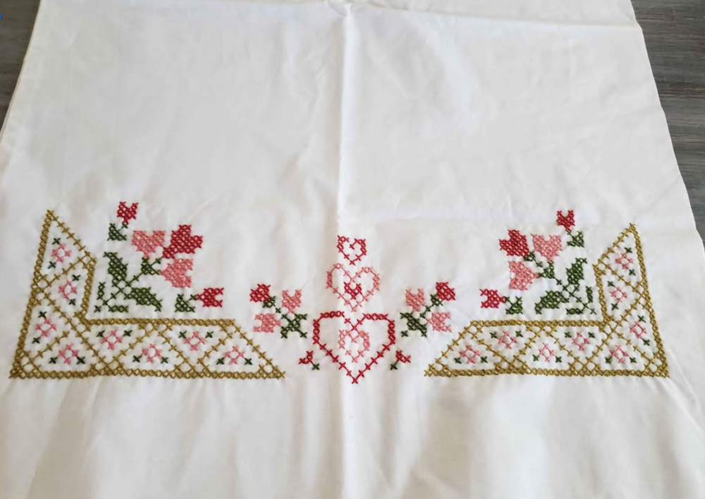 Homemade Pillowcase, cross stitched,