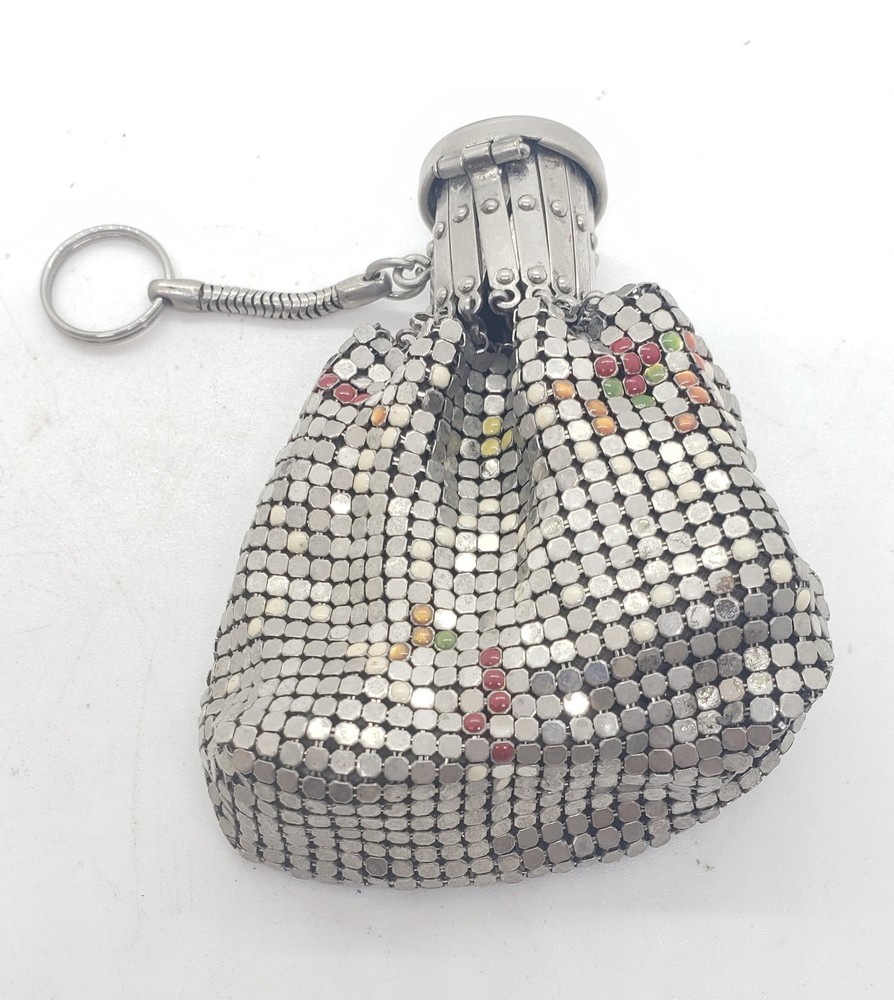 Vintage chatelaine Silver Mesh Coin Purse Compact Expanding Frame Enamel Accent