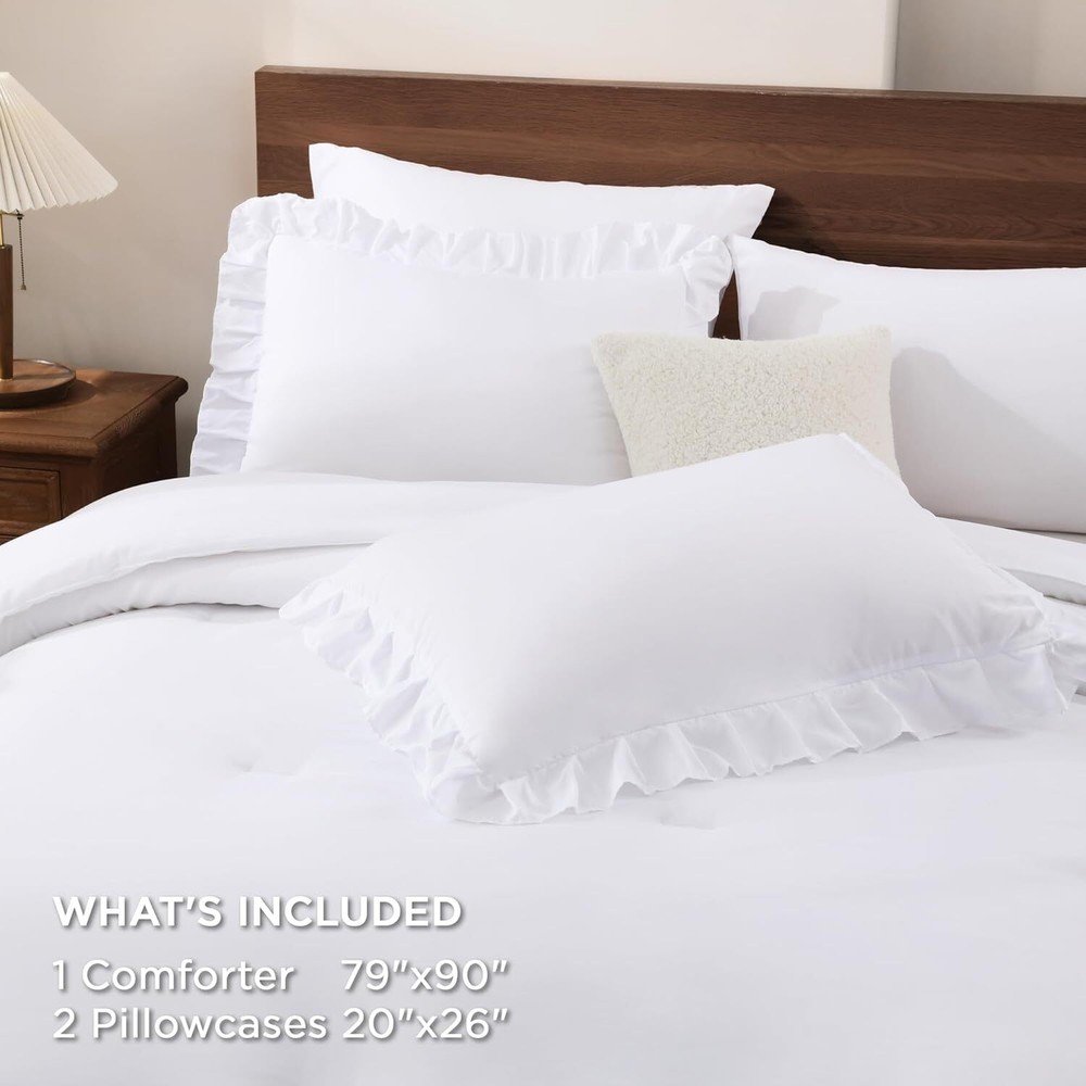 White Ruffle Comforter Full Set, 3 Piece Simple Bedding Comforter Set