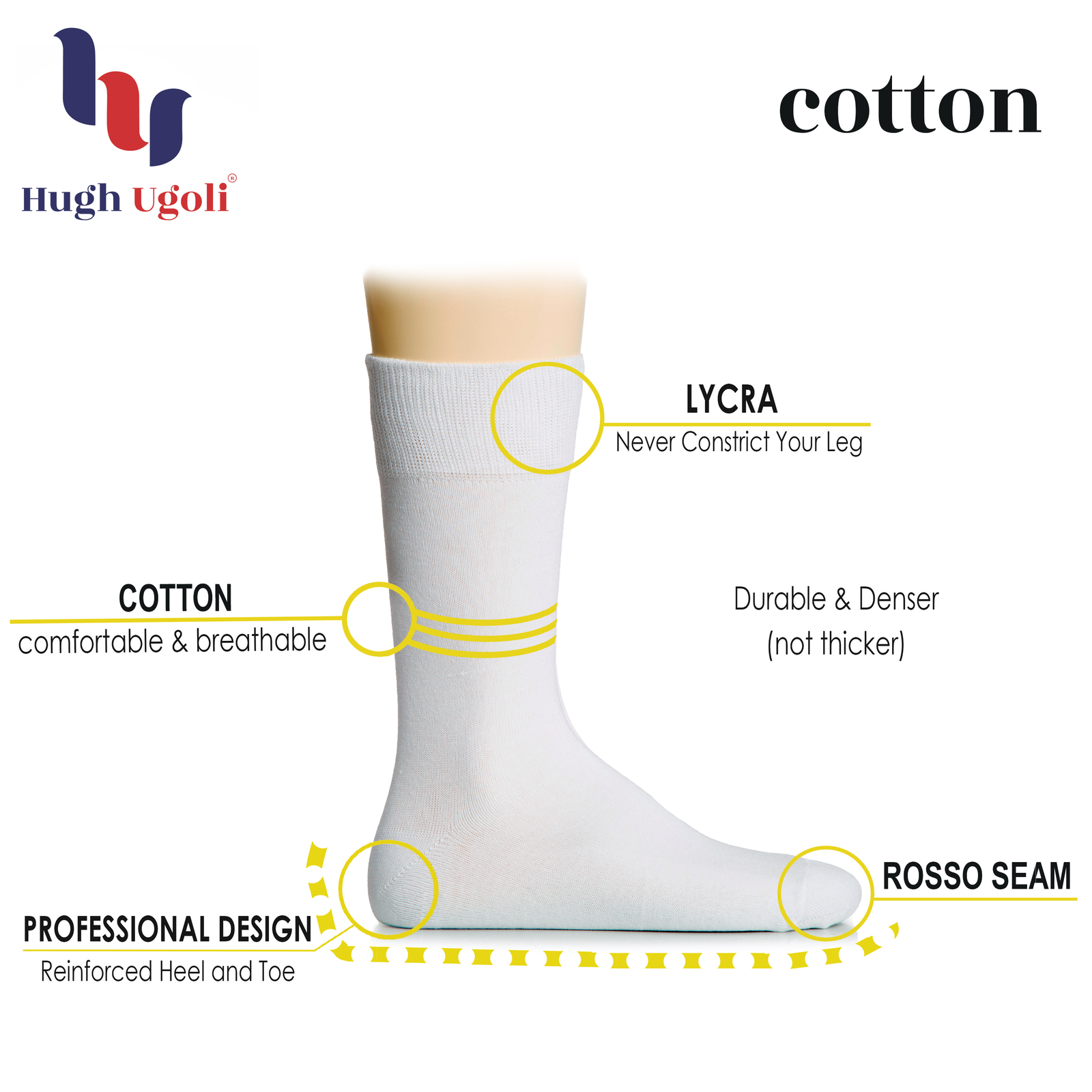 Hugh Ugoli Men Cotton Dress Socks XL / L / M / S Sizes, 3 Pairs