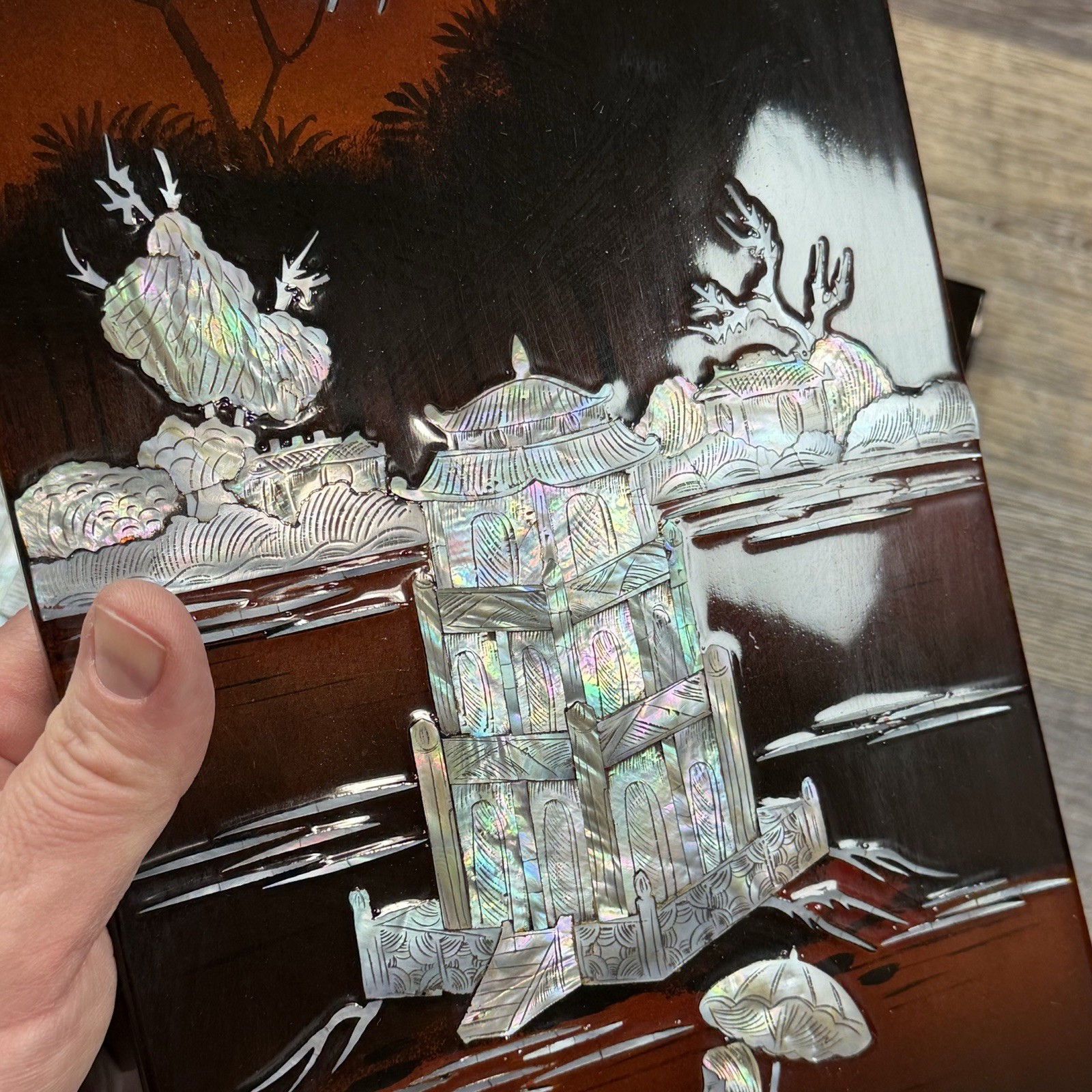 3 Vintage Asian Mother of Pearl Inlay Red Lacquer Wall Panels Village Landscape