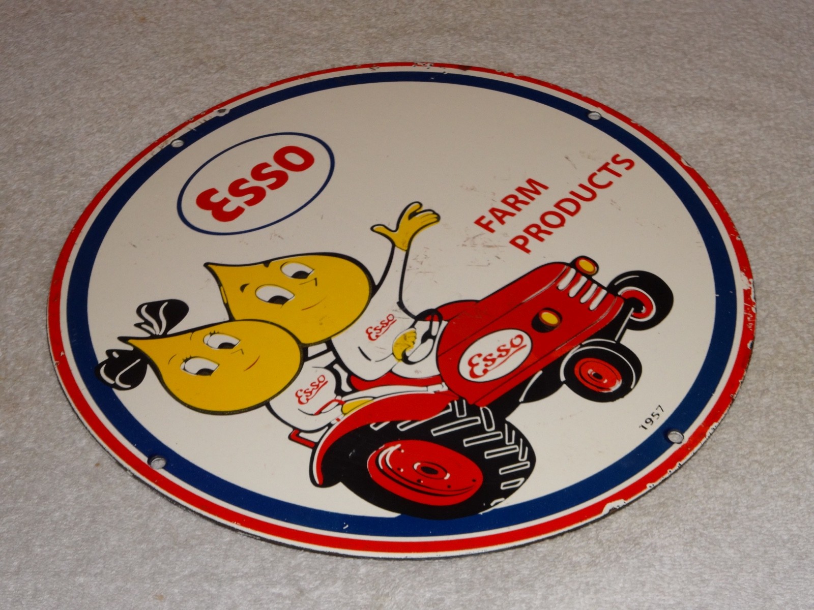 VINTAGE 1957 ESSO FARM OIL DROP BOY GIRL 11 3/4" PORCELAIN TRACTOR GASOLINE SIGN