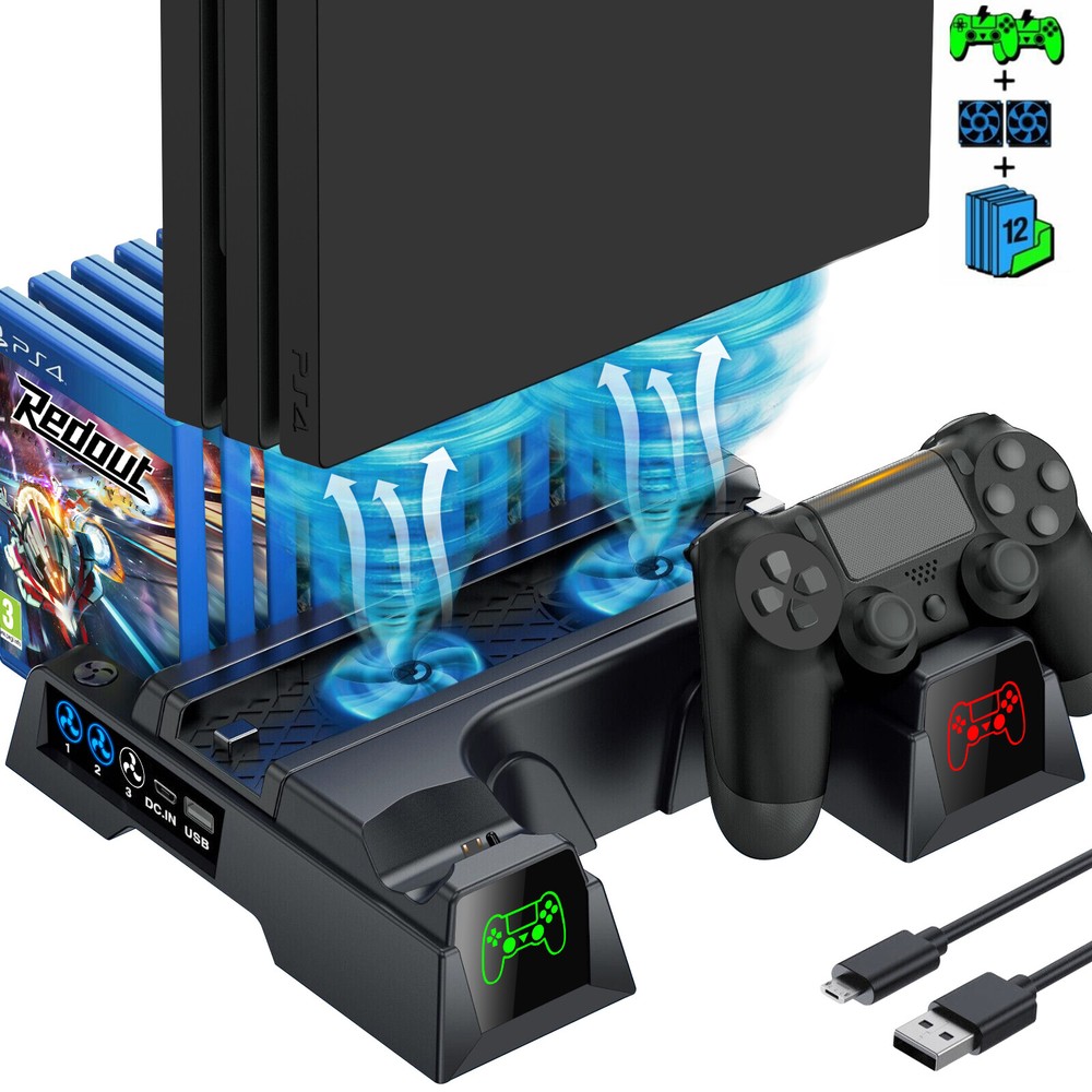 For PS4 Pro / Slim Vertical Stand + Cooling Fan Controller Charging Dock Station