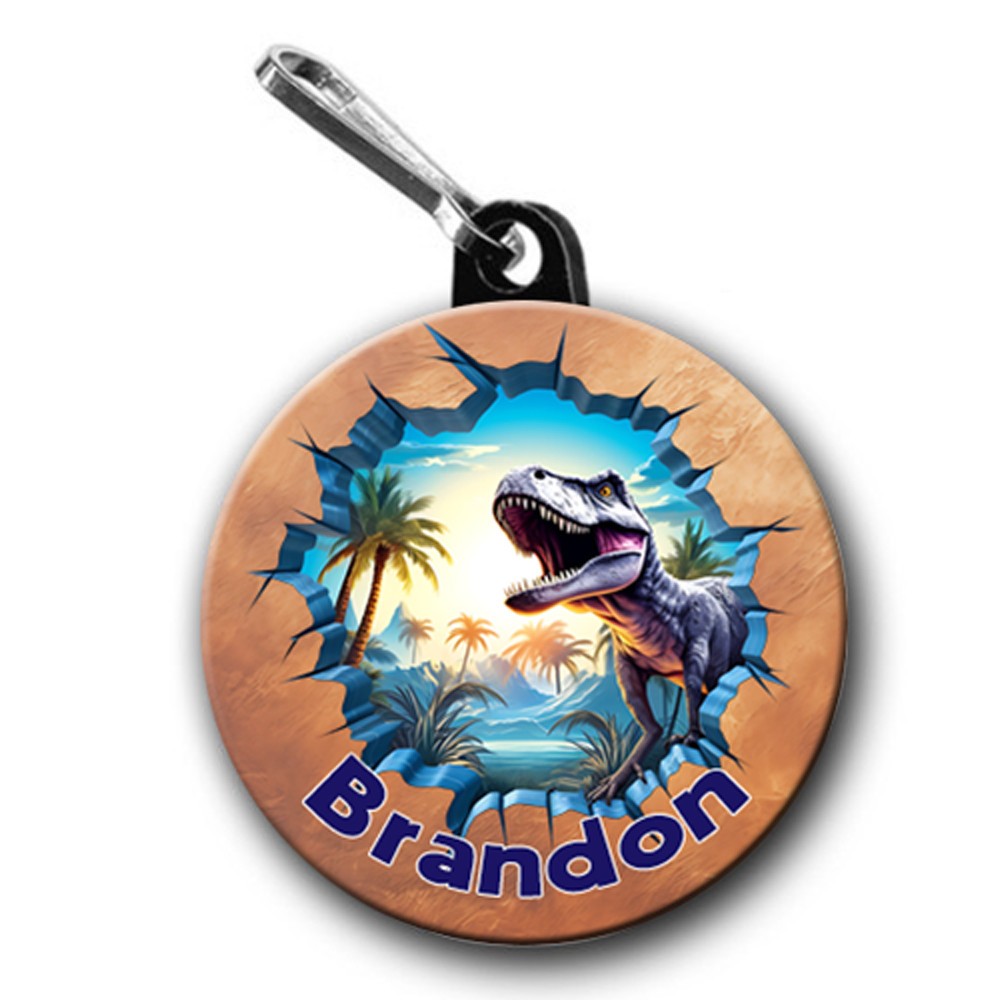 Personalized Dinosaur Zipper Pulls (2 pulls) with Dinosaur Breaking Through Wall