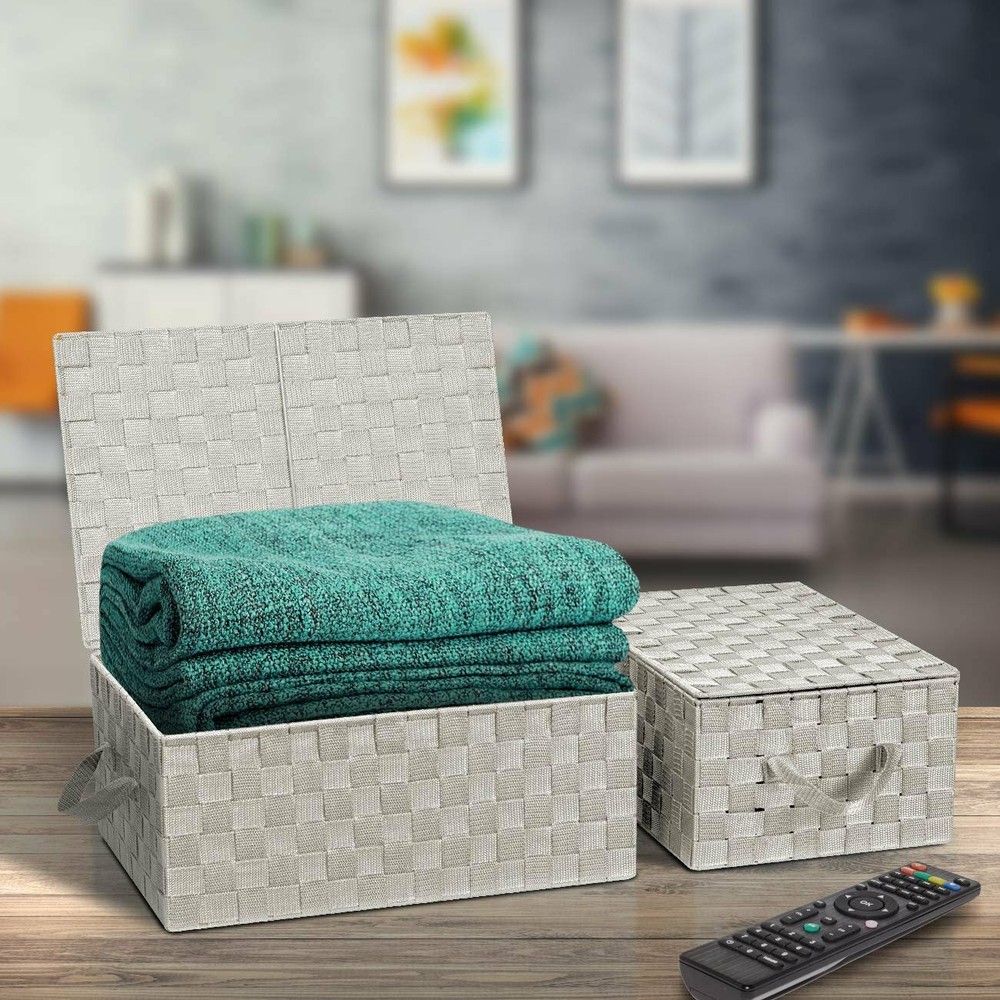 Storage Box Woven Lid Basket Bin Container Tote Cube Stackable Organizer Set