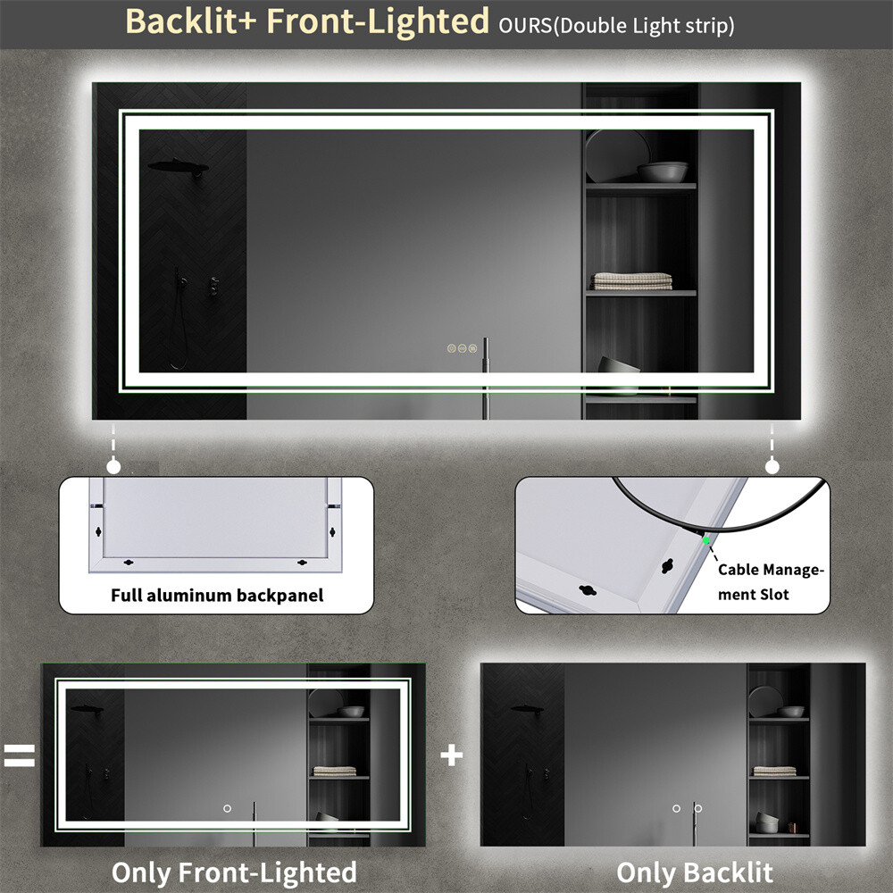 60x31'' Large LED Bathroom Vanity Mirror with Front Lights + Backlit Dimmable HD