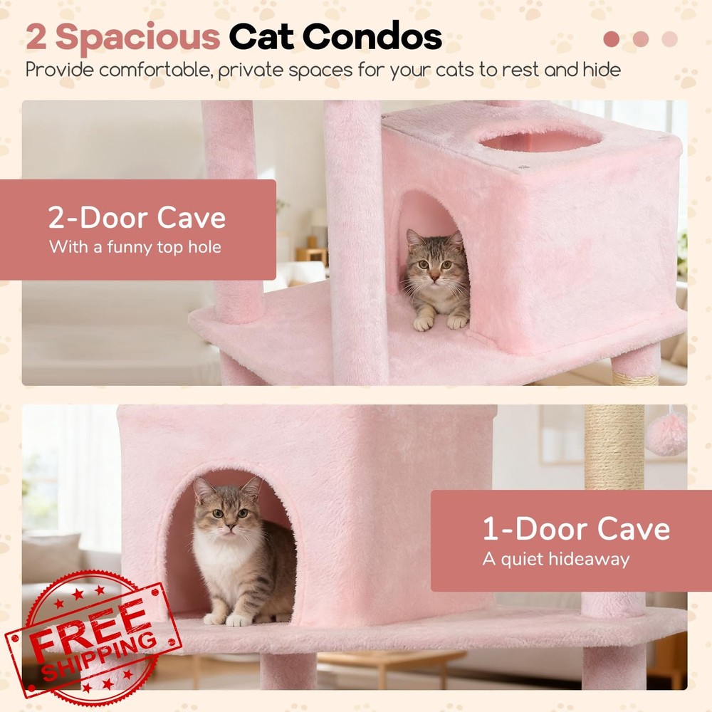 DORTALA Cat Tree Pink 75" Tall Multi-Level Condos Scratching Posts Hammock