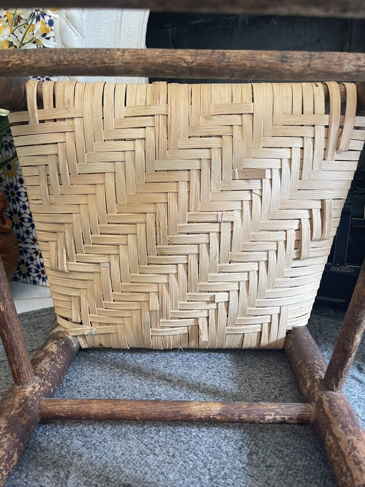 Vintage Oak Footstool Stool Ottoman With Trapezoid Woven Rush Top Handmade
