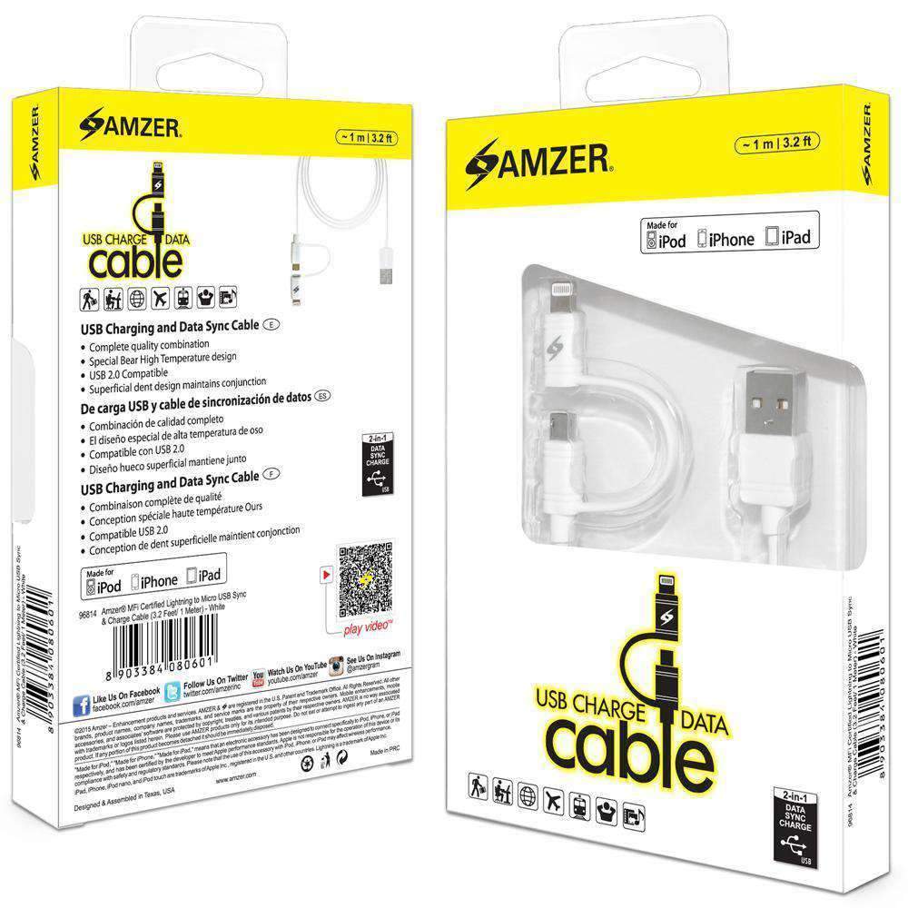 AMZER APPLE MFi CERTIFIED 2-1 SYNC&CHARGE LIGHTNING CABLE WITH MICRO USB 3.2 FT.