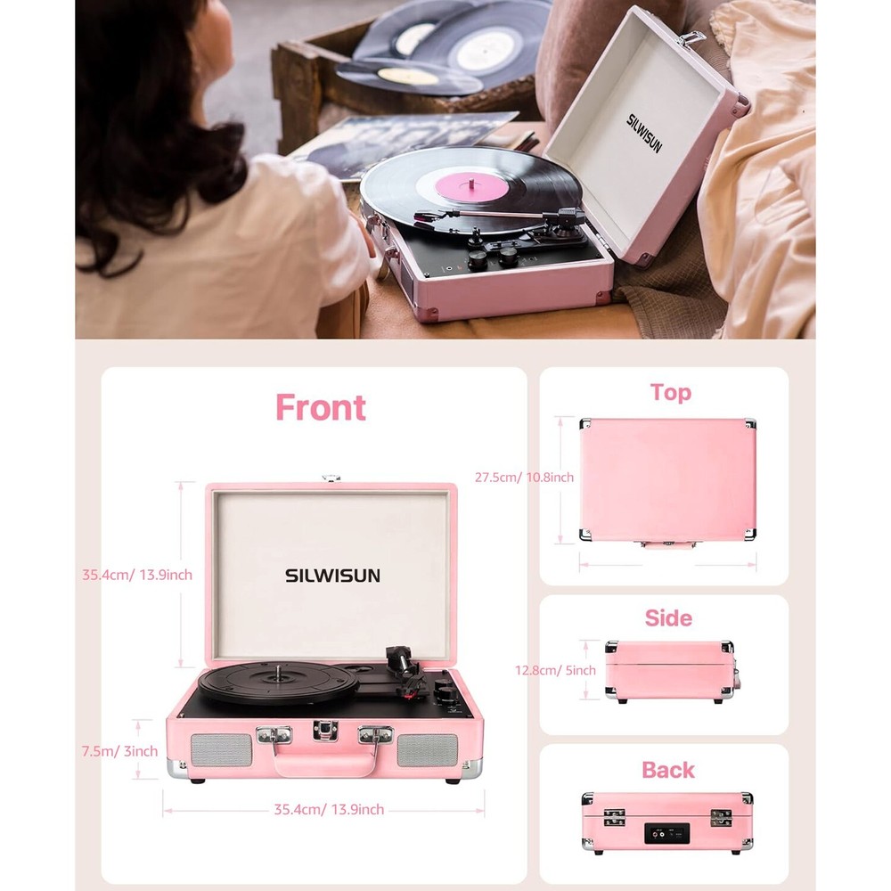 Portable Record Player 3-Speed Turntable Vintage Suitcase with Bluetooth