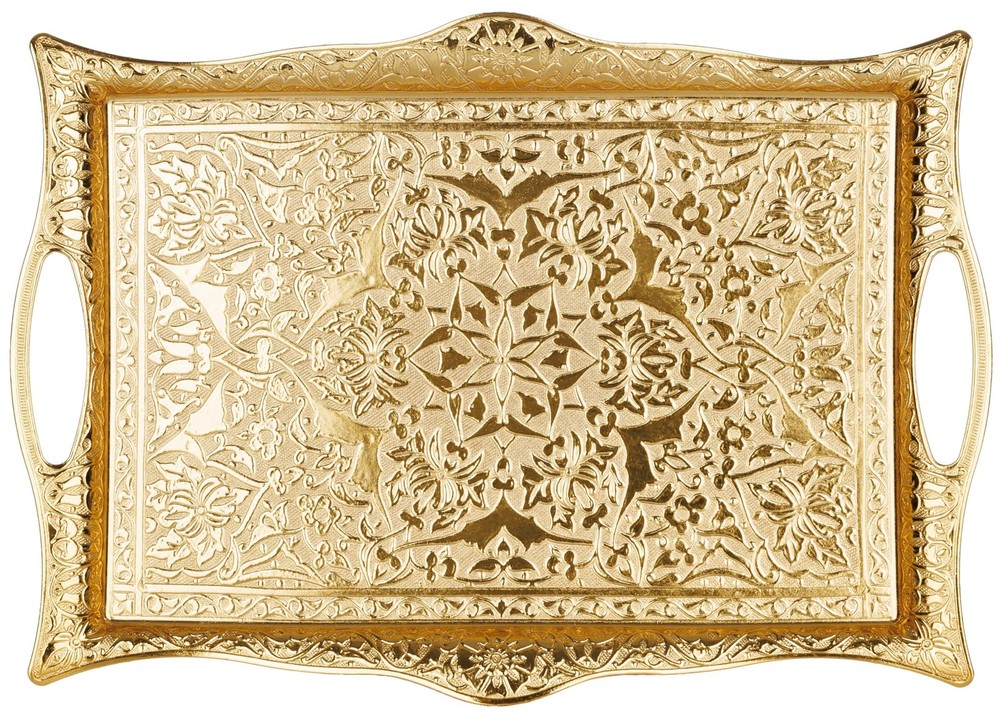 Engraved Turkish Tea and Coffee Serving Tray - Decorative Gold Rectangular Tr...