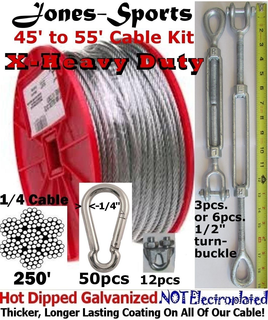 Batting Cage Cable Suspension Kits Indoor Outdoor 45' to 75' Installation Kit