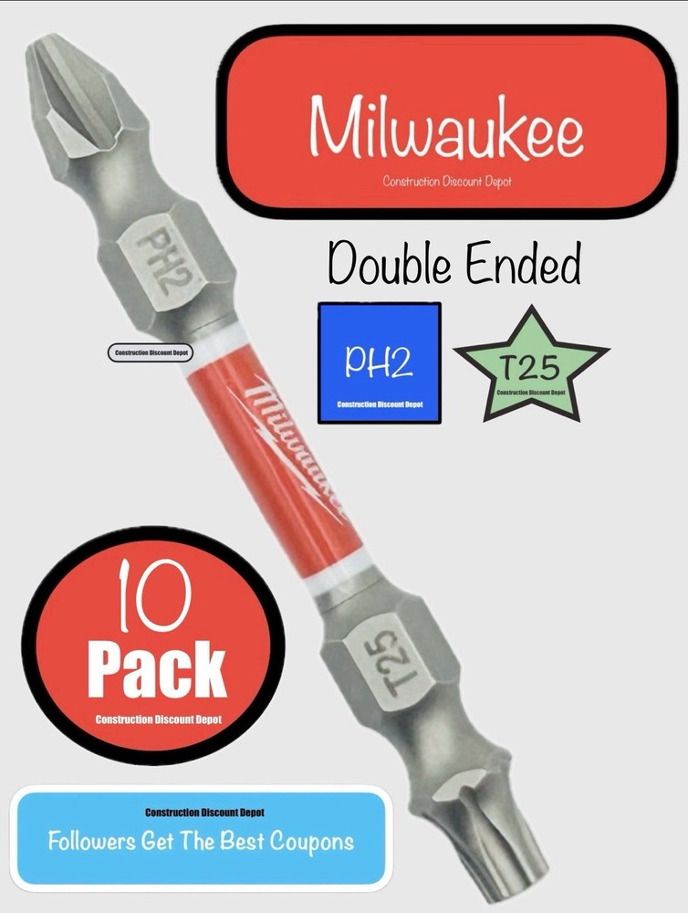 10 Pack Milwaukee SHOCKWAVE Impact Rated Double Ended Bits PH2 T25