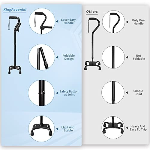 Adjustable Walking Cane for Seniors - 4-Pronged Base, Foldable, Foam Grip Handle