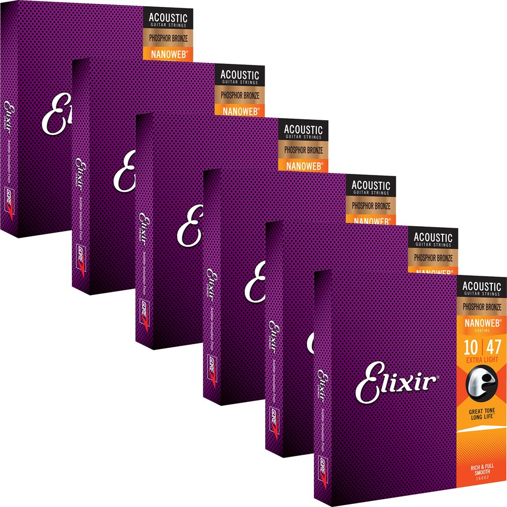 6 Sets Elixir 16002 NANOWEB Phosphor Extra Light Acoustic Guitar Strings 10-47