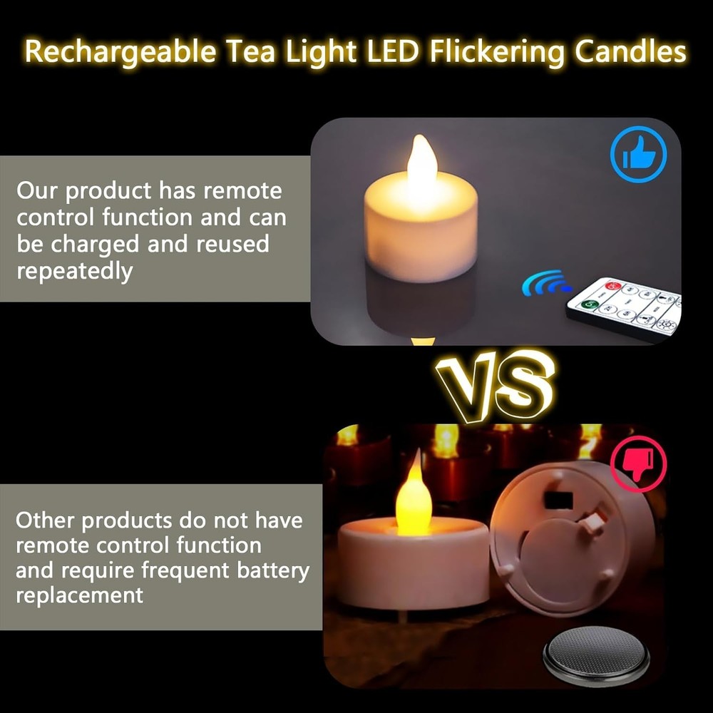12pcs LED Rechargeable Tea Lights with Remote Timer and USB Charging Base Fla...