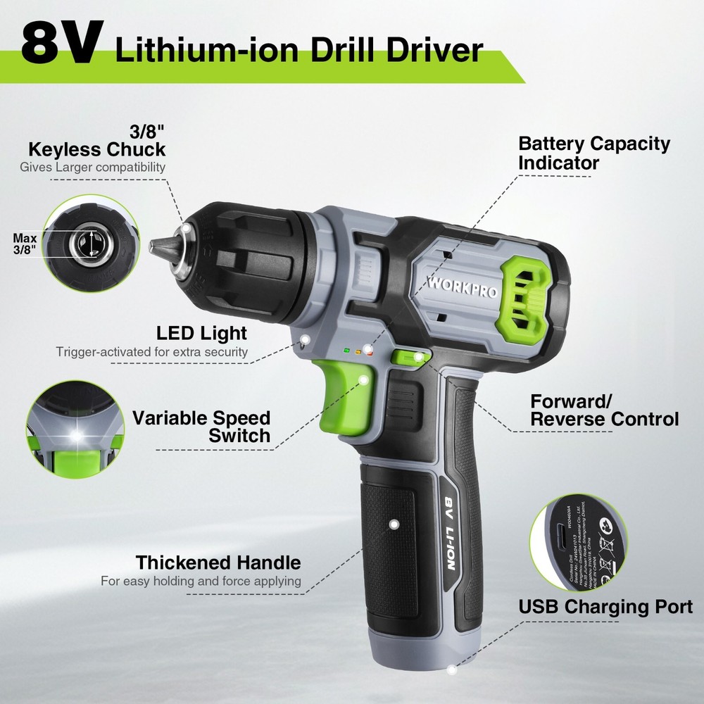 WORKPRO Cordless Power Drill Set 8V with 53pcs Bit Set 3/8" Keyless Chuck Grey