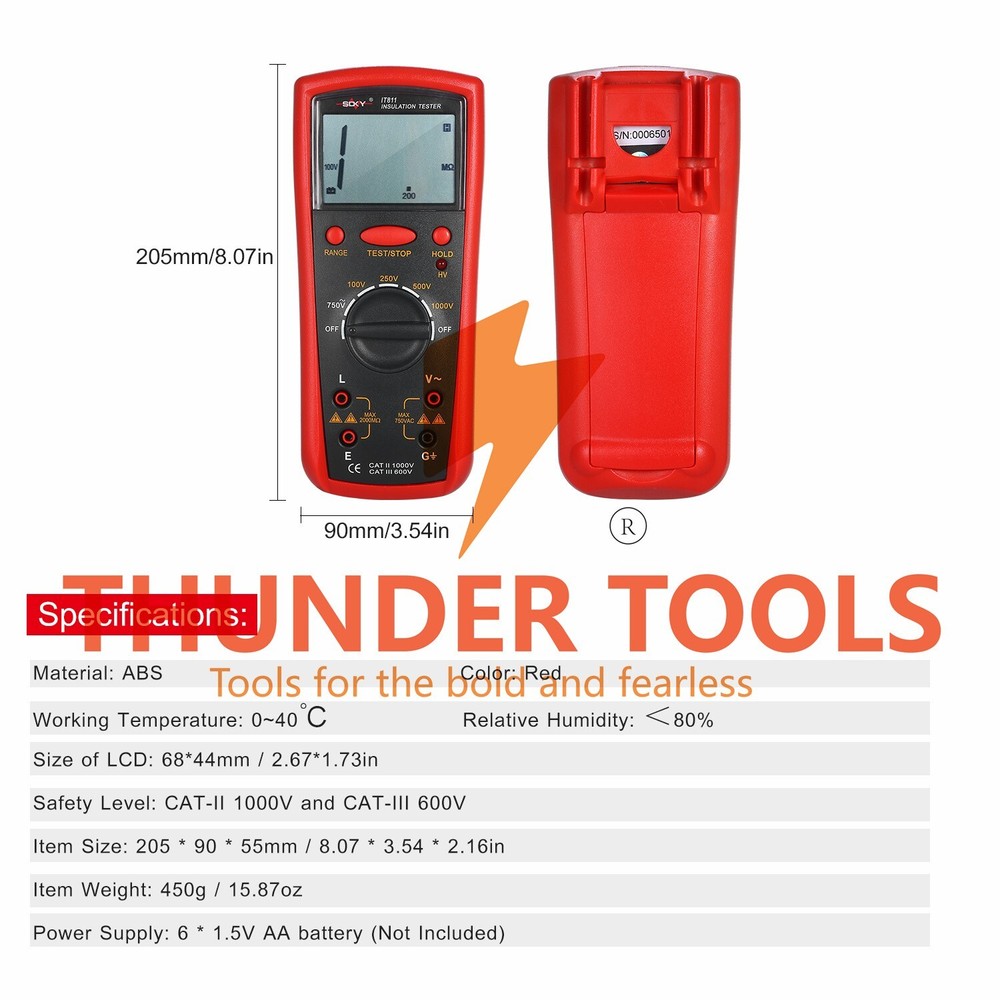 Thunder Tools Insulation Resistance Meter Digital Ohmmeter Handheld