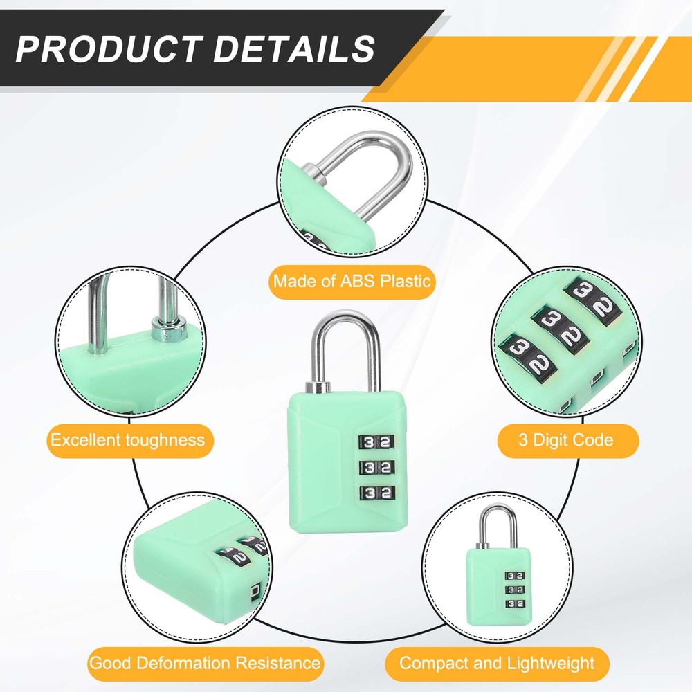 4pcs Resettable 3 Digit Plastic Combination Padlock, Green (60 x 32mm)