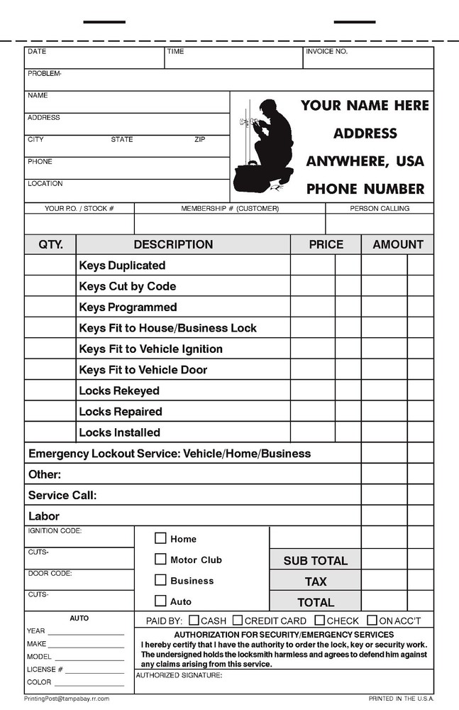(10) Locksmith Work Order / Invoice Books 50 2-part sets per book