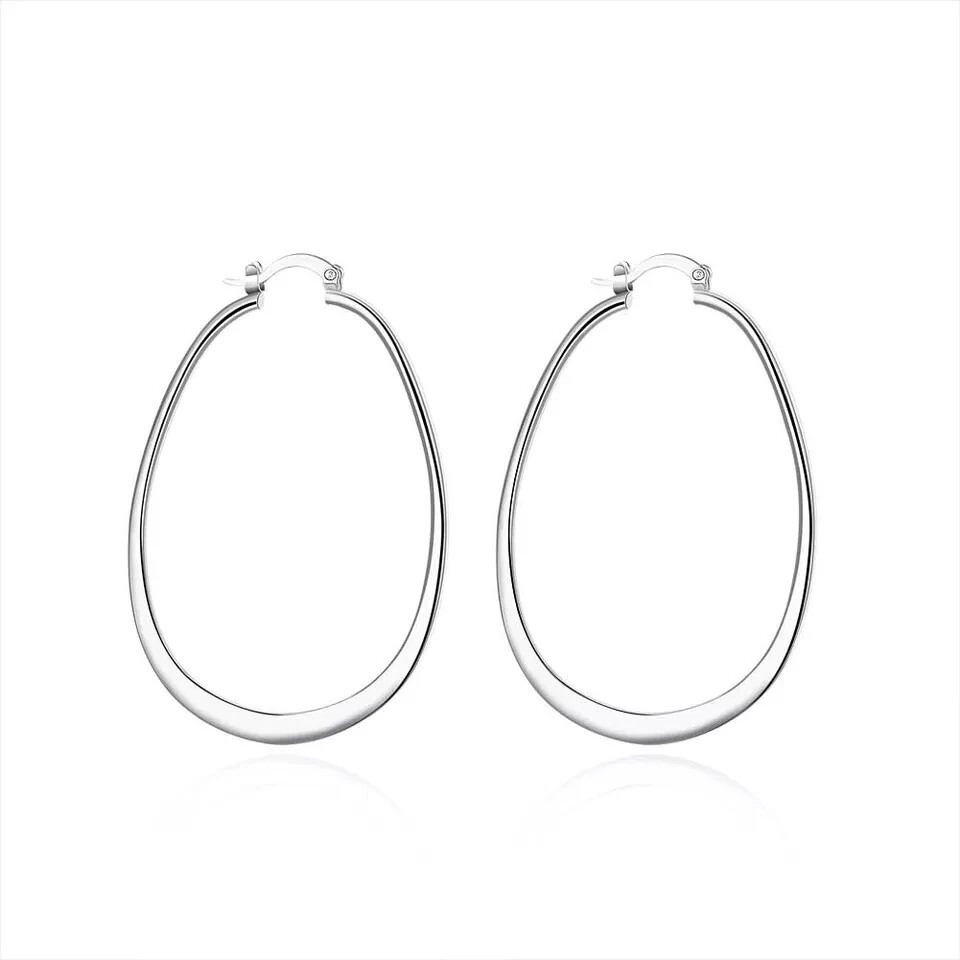2x Womens 925 Sterling Solid Silver Elegant Oval Shaped Extra Large Hoop Earring