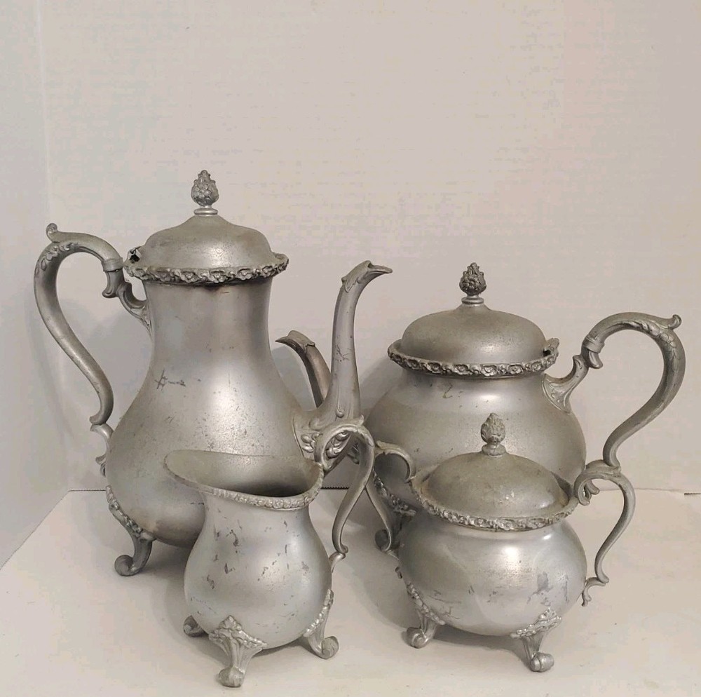 Vintage Pewter Silver-Plated Tea Set Teapot, Creamer, Sugar Bowl, Pitcher 4 Pcs