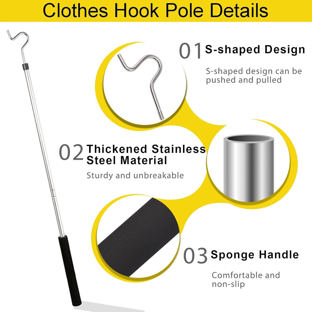 Clothes Hook Pole, Clothes Hanger Reaching Hook for Hanging Clothes Light and Pl
