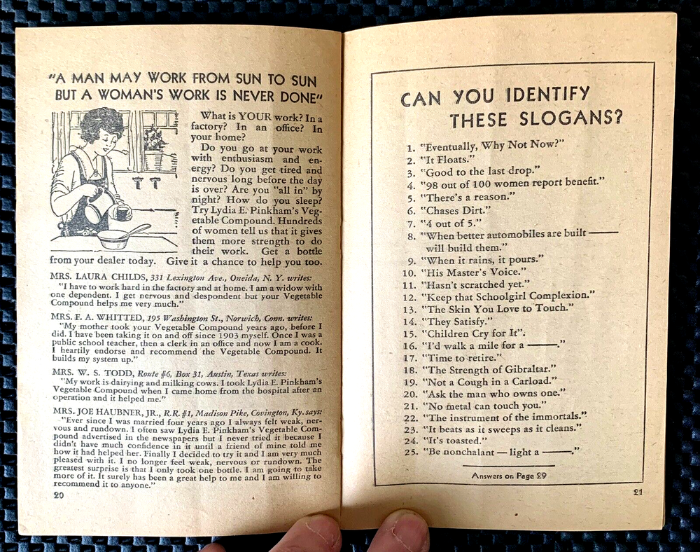 THREE HUNDRED BRAIN TEASERS LYDIA E. PINKHAM'S DEPENDABLE PRODUCTS BOOKLET