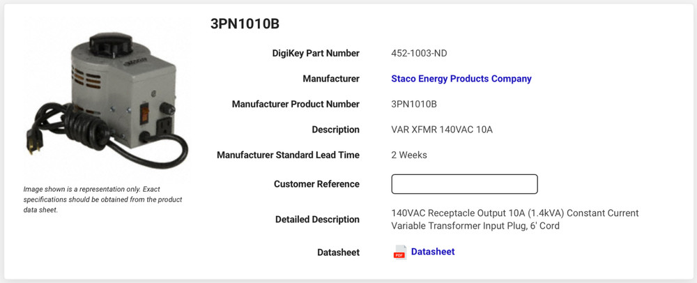 Staco 3PN1010B Variable Transformer 120V 10A