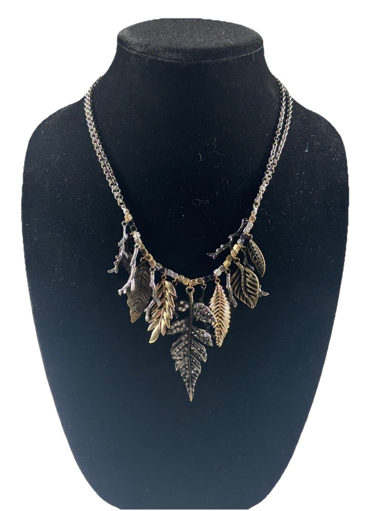 Boho Leaf Dangle Pendant Necklace Mixed Metal Charm Statement Jewelry
