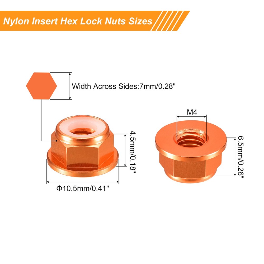 Nylon Insert Hex Lock Nuts, 8pcs - M4x0.7mm Self-Locking Nut(Orange)