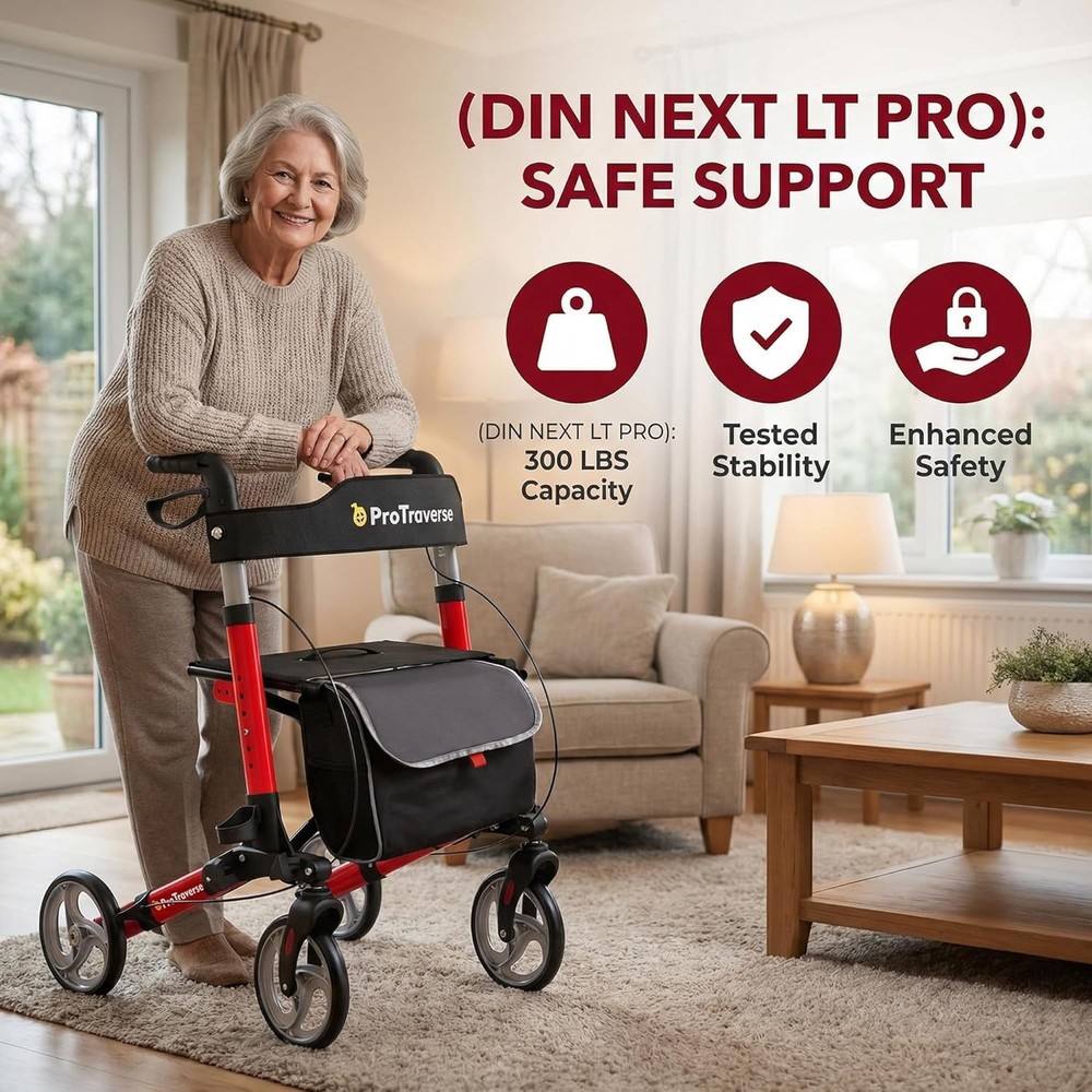 Foldable Rollator Walker with Seat Lightweight Large Wheels Rolling Walker Red