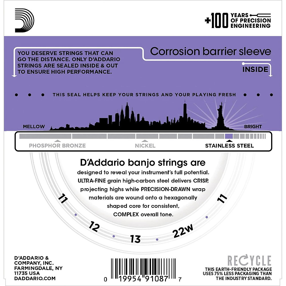 D'Addario EJS57 Stainless Steel Custom Medium 5-String Banjo Strings (11-22)