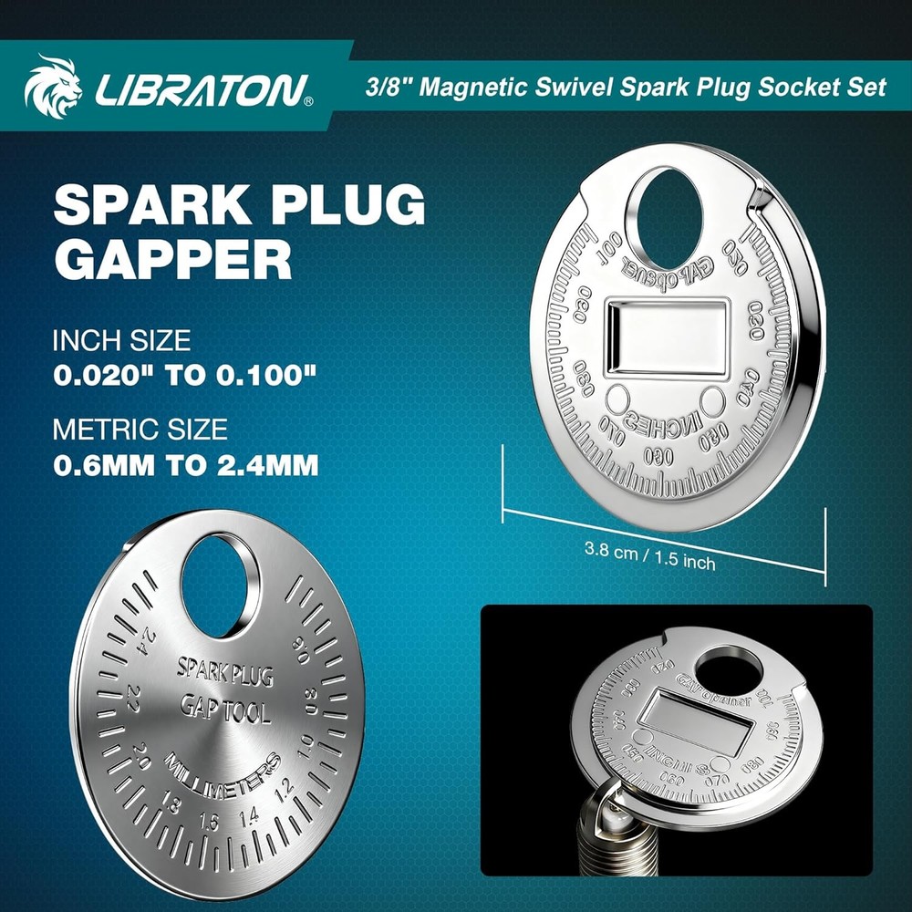 8PCS 3/8"Dr. Magnetic Spark Plug Socket Set, Include Gapper & Extension Bar, Swi