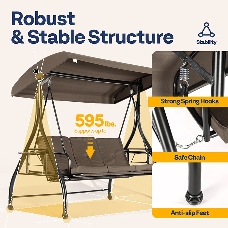 3-Seat Outdoor Converting Swing Chair w/ Canopy Outdoor Porch Swing Chair &Stand