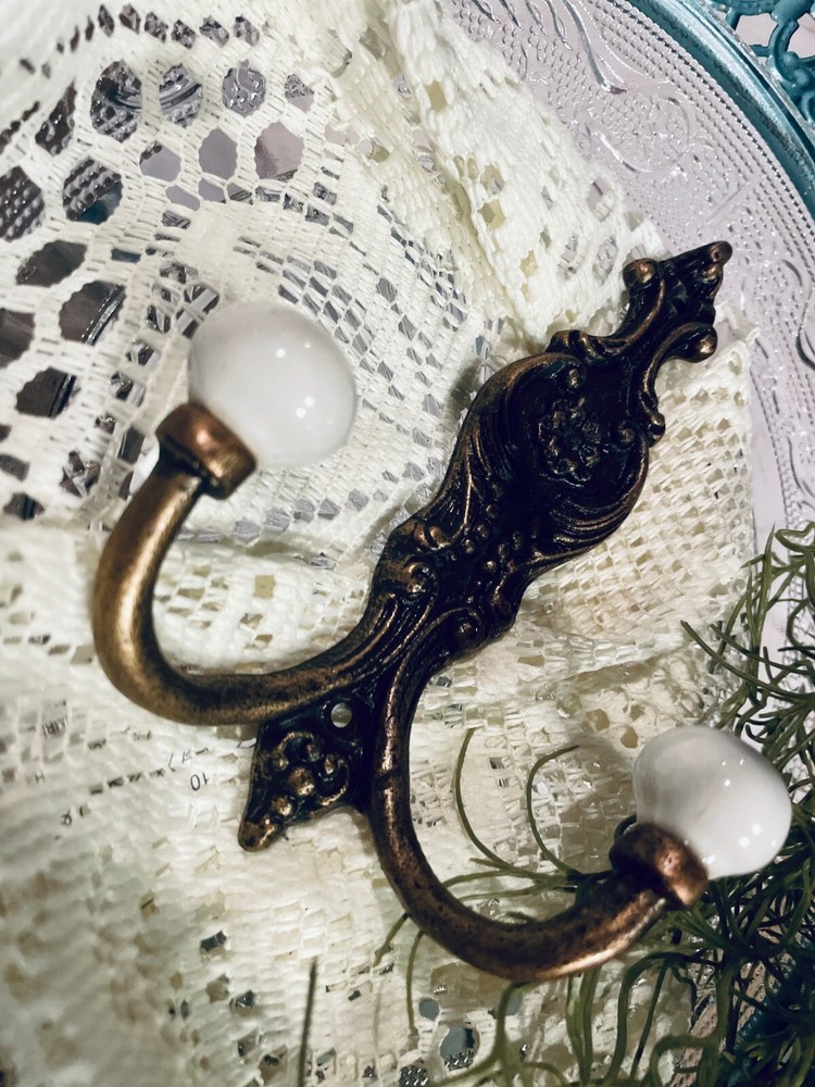 Old Bath Robe Coat Hook Hall Mirror Fancy Decorated Solid Brass Porcelain Knobs