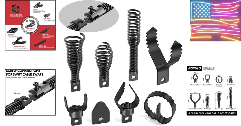 Professional Grade 8-Piece Drain Snake Accessories - Rust Resistant & Reliable