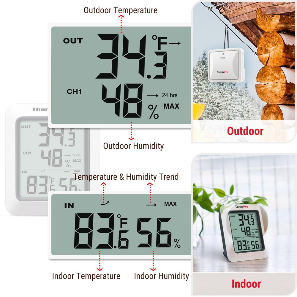 TempPro Wireless Outdoor Hygrometer, 200ft/60m Range, Light White-1 Sensor