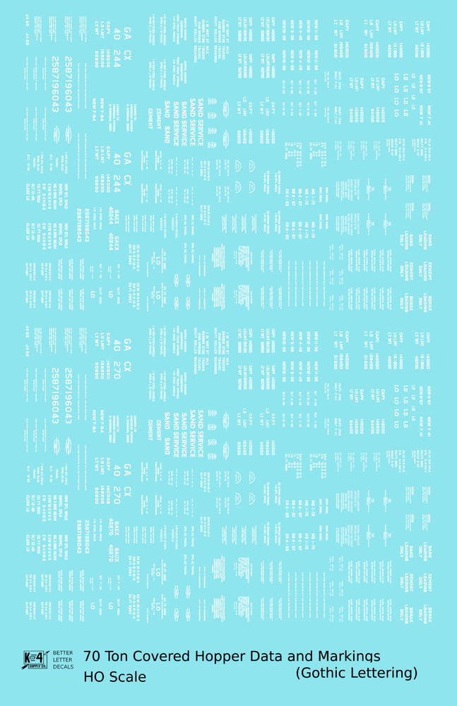 K4 HO Scale Decals White 70 Ton Covered Hopper Dimensional Data Set Gothic Font