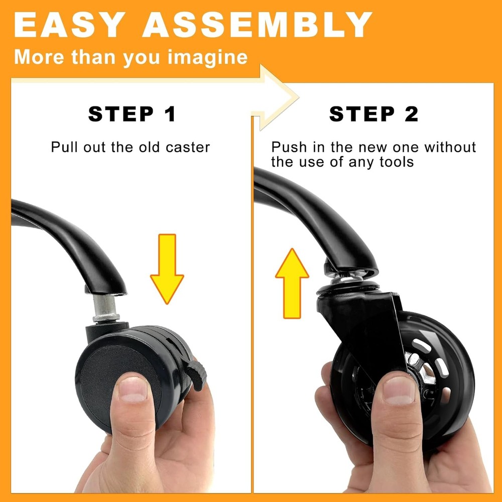 Office Chair Wheels for Casters Replacement - 3" Rubber Black