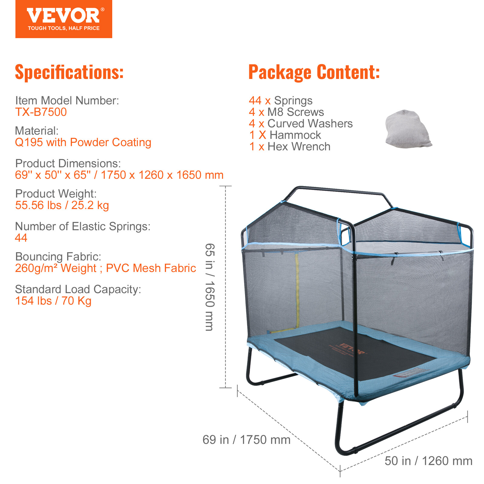 VEVOR 6FT Trampoline for Kids Toddlers with Enclosure Net Gymnastics Bar Hammock