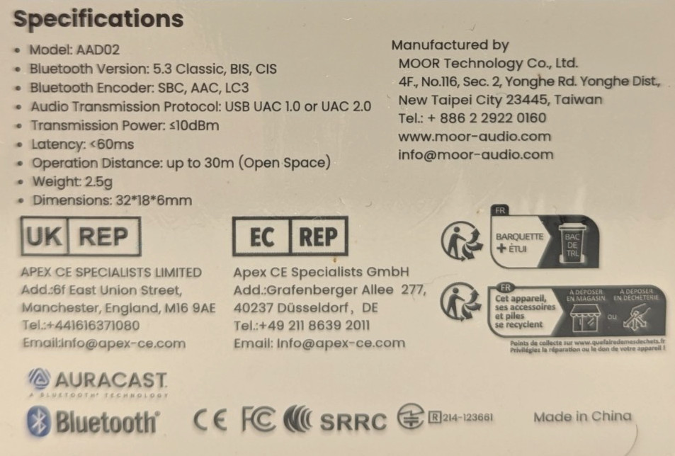 MoerLink Bluetooth Auracast Audio Transmitter, Transmit via Auracast & Bluetooth