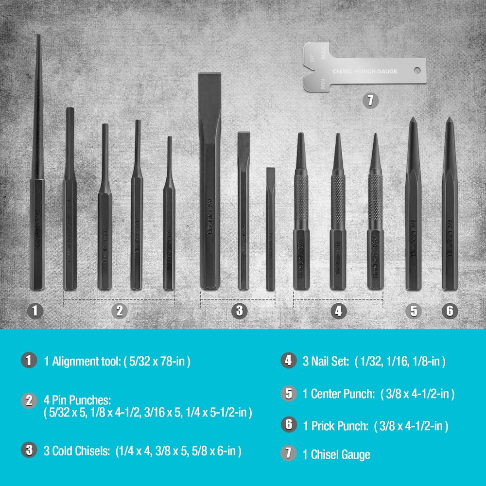 14 Pc Punch Chisel and Alignment Tool Set with Rolling Pouch
