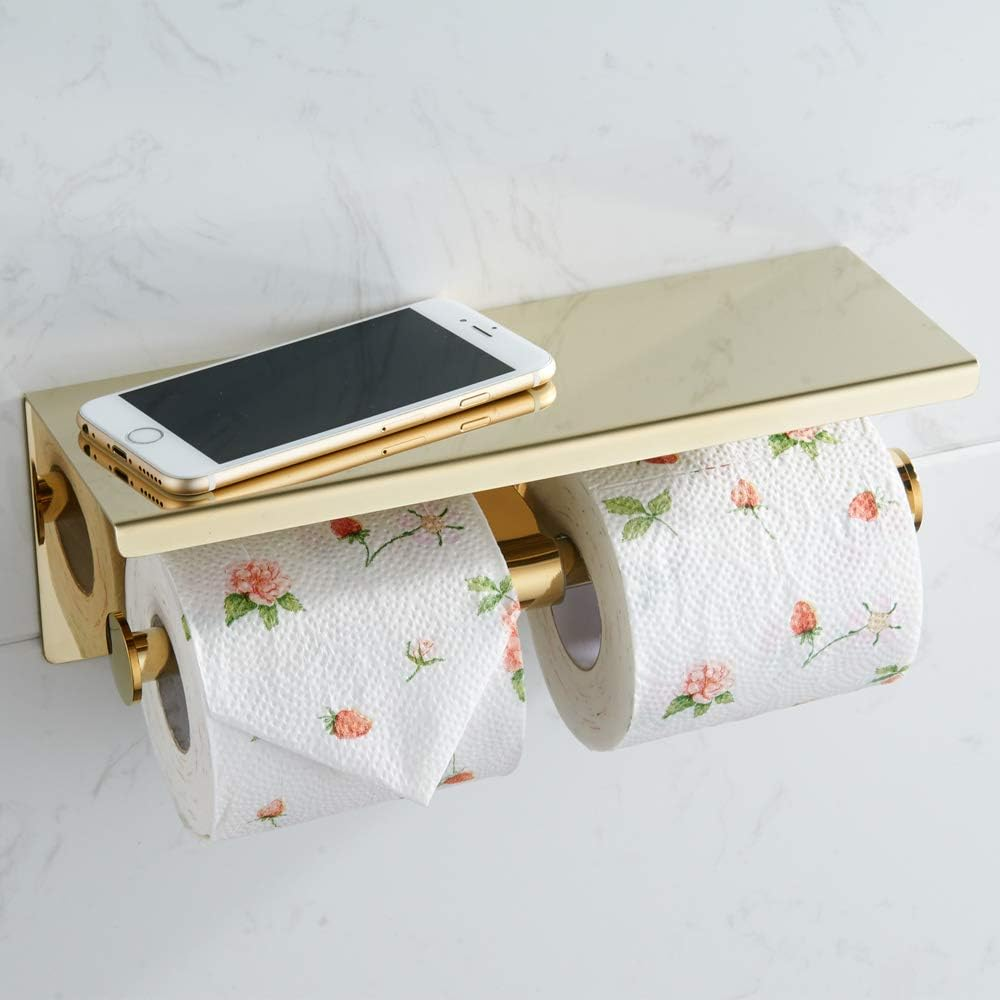 Wall Mounted Toilet Paper Holder with Phone Shelf Bathroom Double Roll Holder US