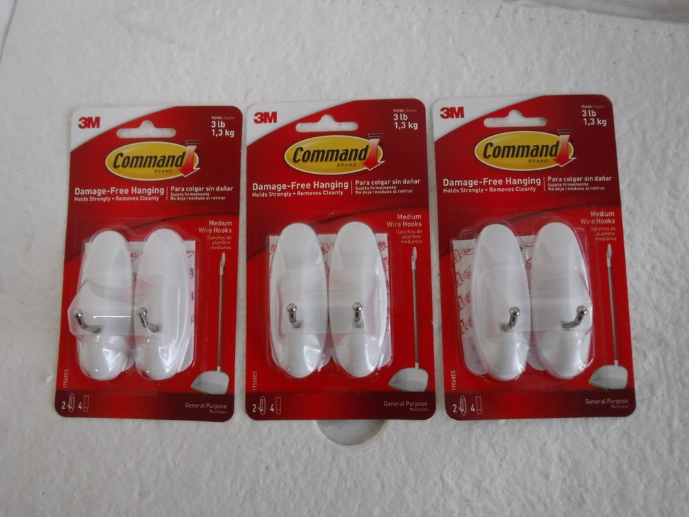 3M Command Medium Wire Adhesive Hook  (3PK of 2 hooks Each & 4 Adhesive strips)