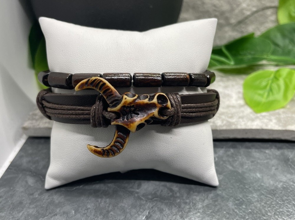 2 PC Leather Bracelet Wood Bead Stackable Adjustable Tie Free Ship B2902