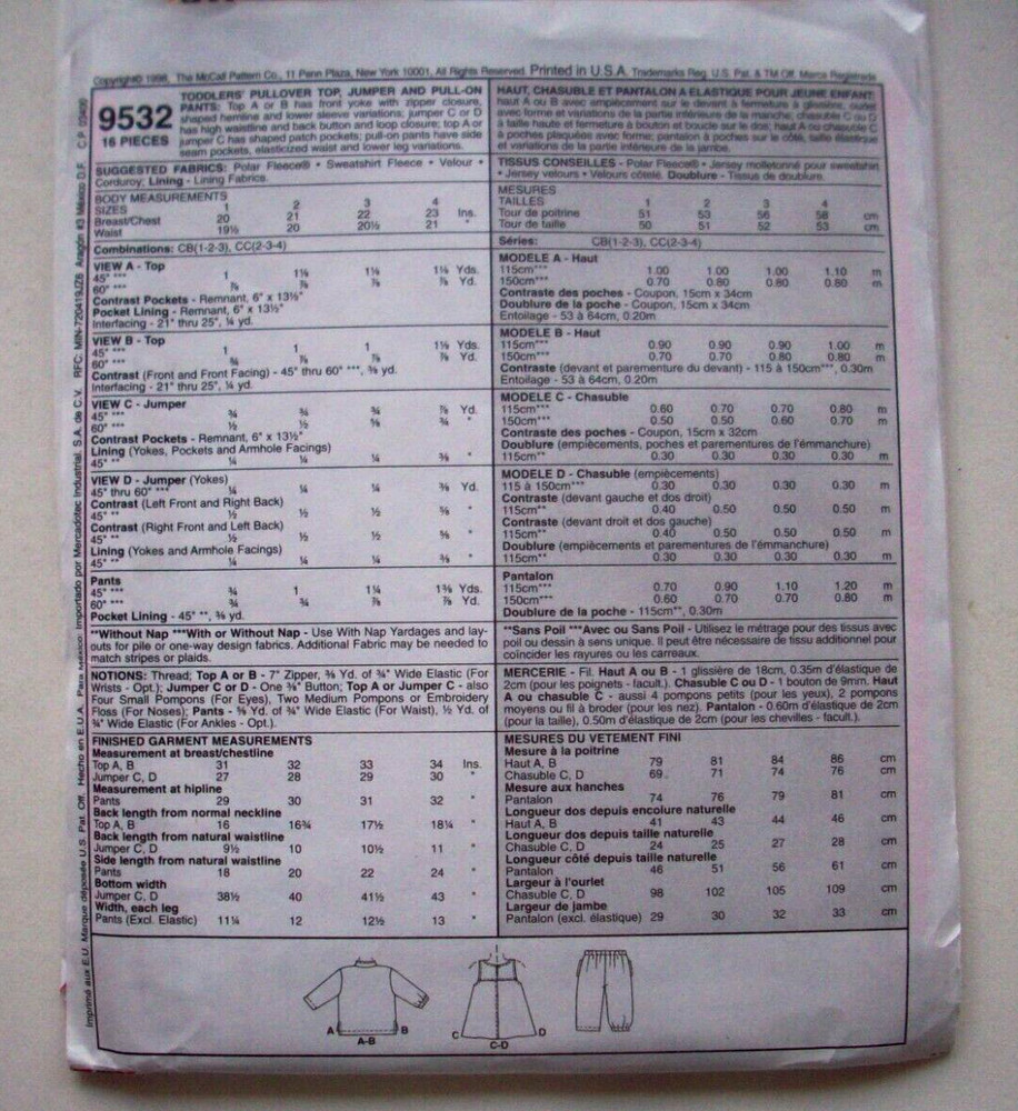 Todders pullover top jumper pull-on pants pattern 9532 Size 2 3 4 Uncut