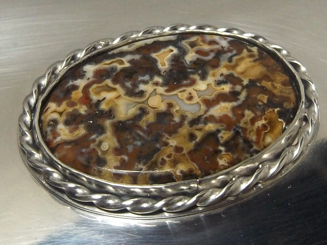 RARE 930 SWEDISH 126g SOLID SILVER BOX, TOBACCO BOX, AGATE, MAKER SIGNED, c1951